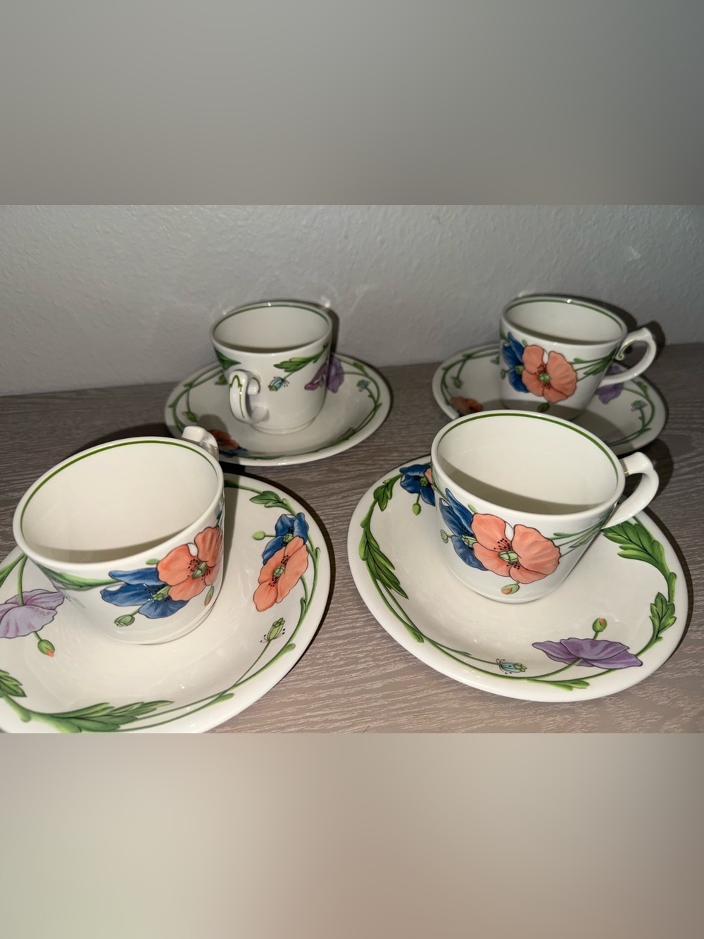 Villeroy & Boch Amapola Poppy, Vintage Porcelain GERMANY set 4 saucers 4 cups